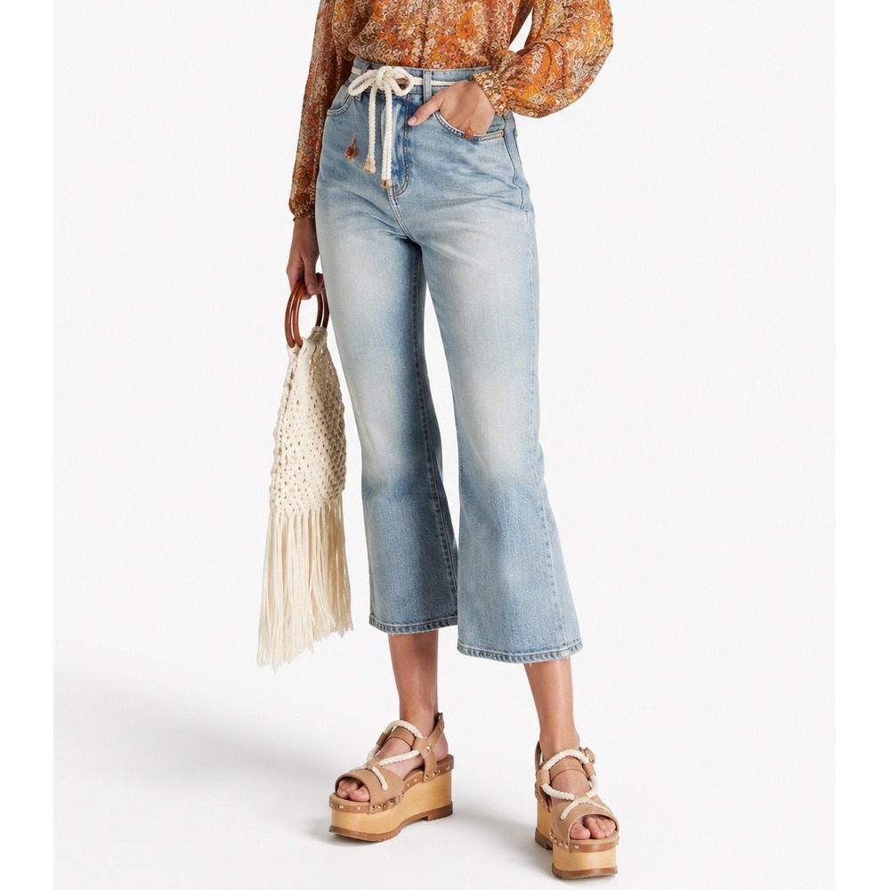 NWT Zimmermann Cassia Cropped Jean Faded Stone Rope Belt Kick Flare Rigid 26